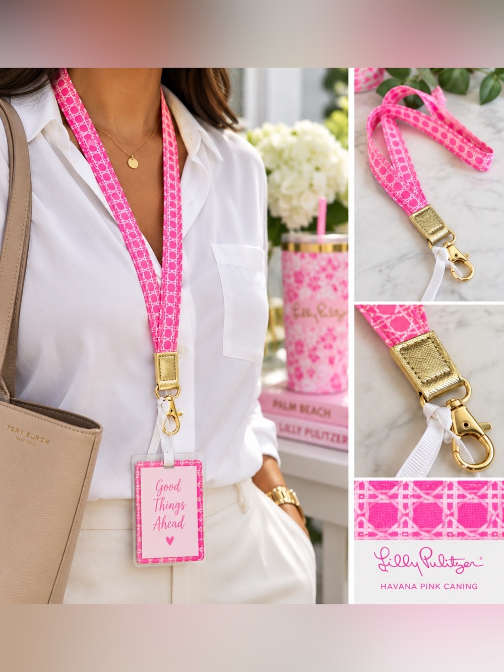 Lilly Pulitzer Havana Pink Caning Lanyard with Gold Hardware